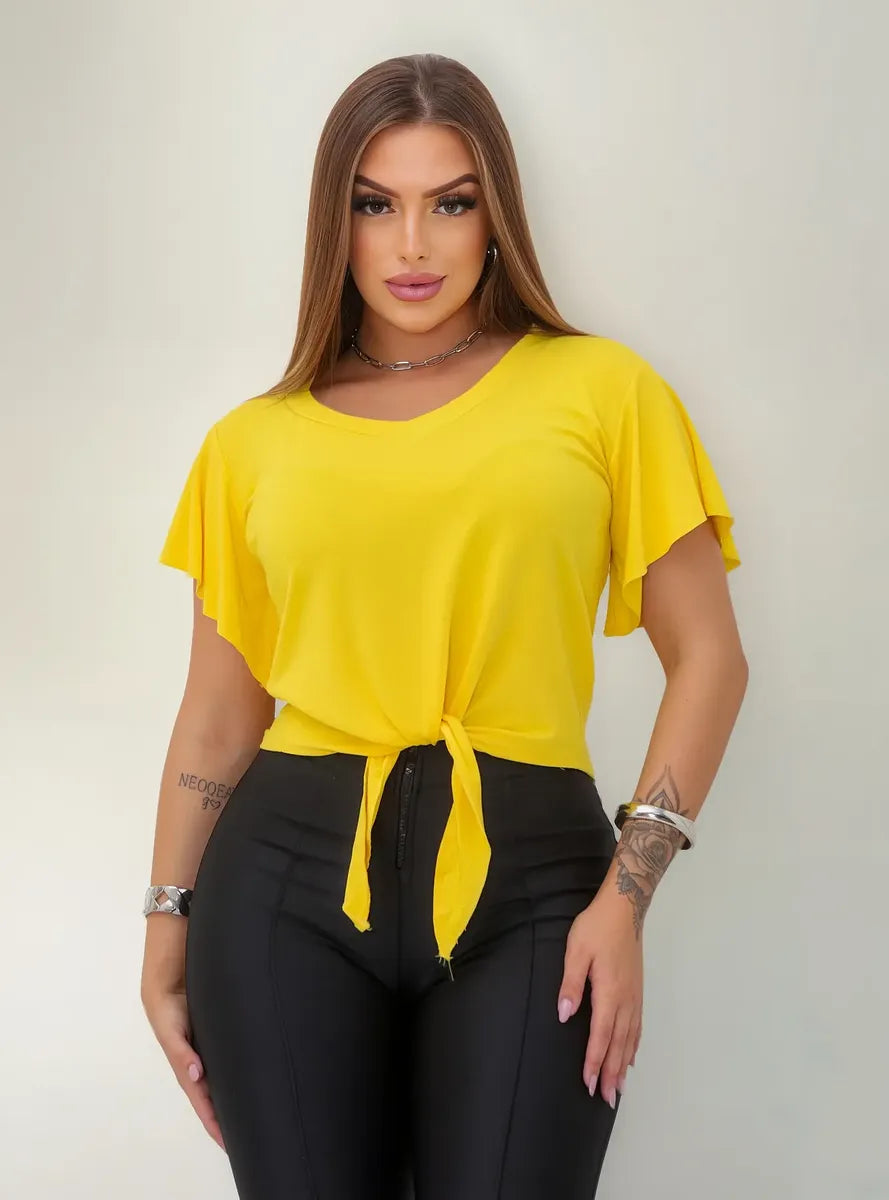 Blusa Manga Curta De Amarrar Lisa Blusinha Basica Feminina