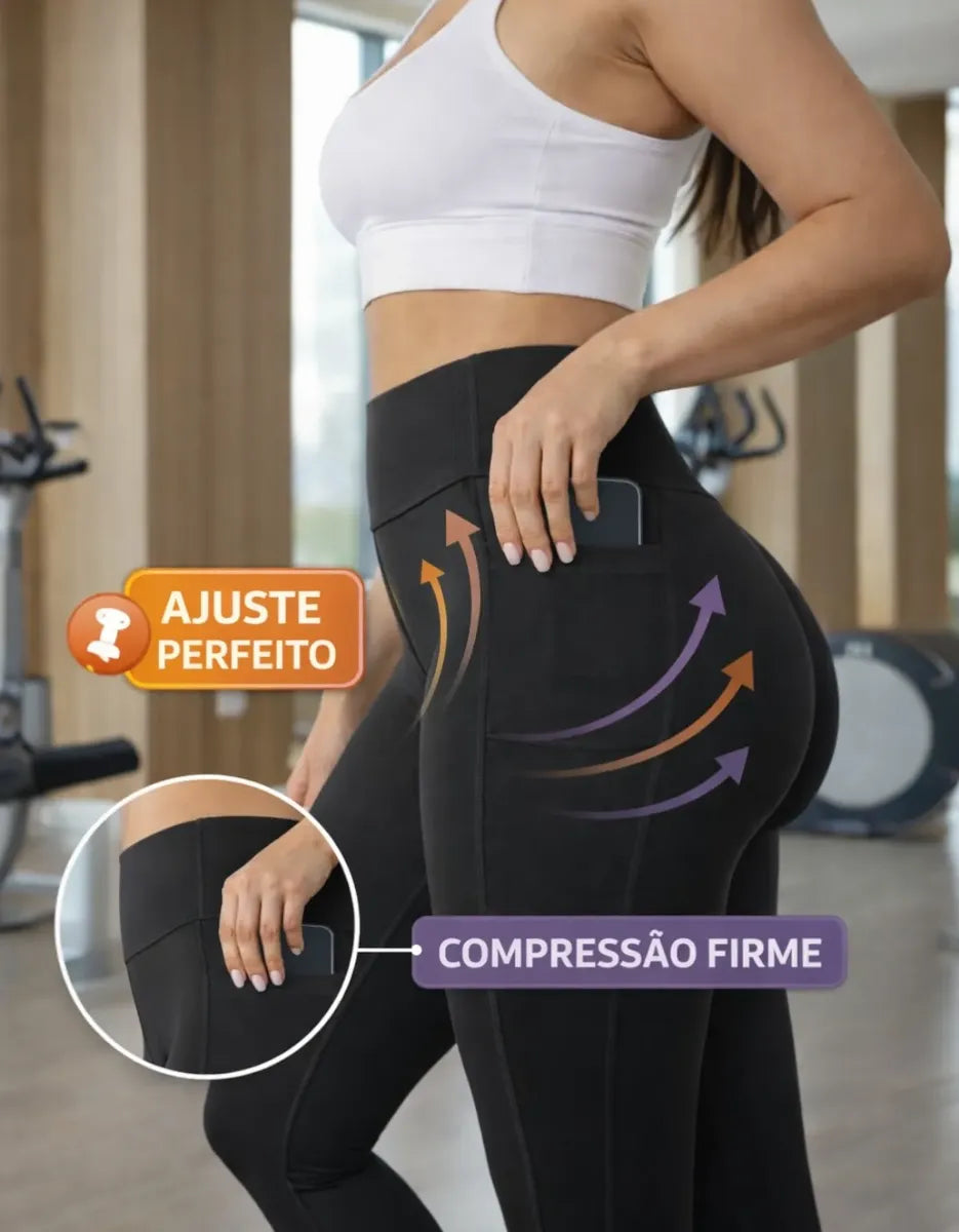 Legging Feminina Bolsos Zero Transparência Cintura Alta