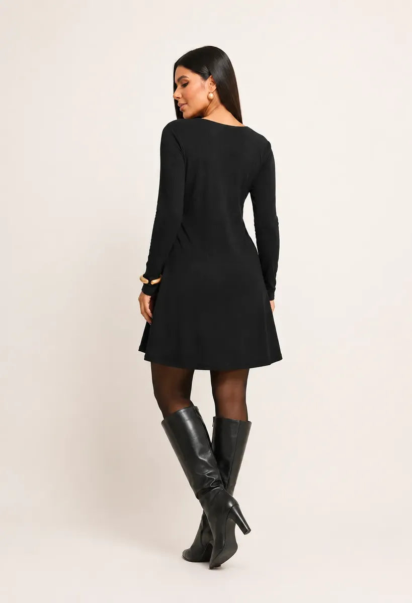 Vestido Ribana Curto Feminino Manga Longa Com Bolsos