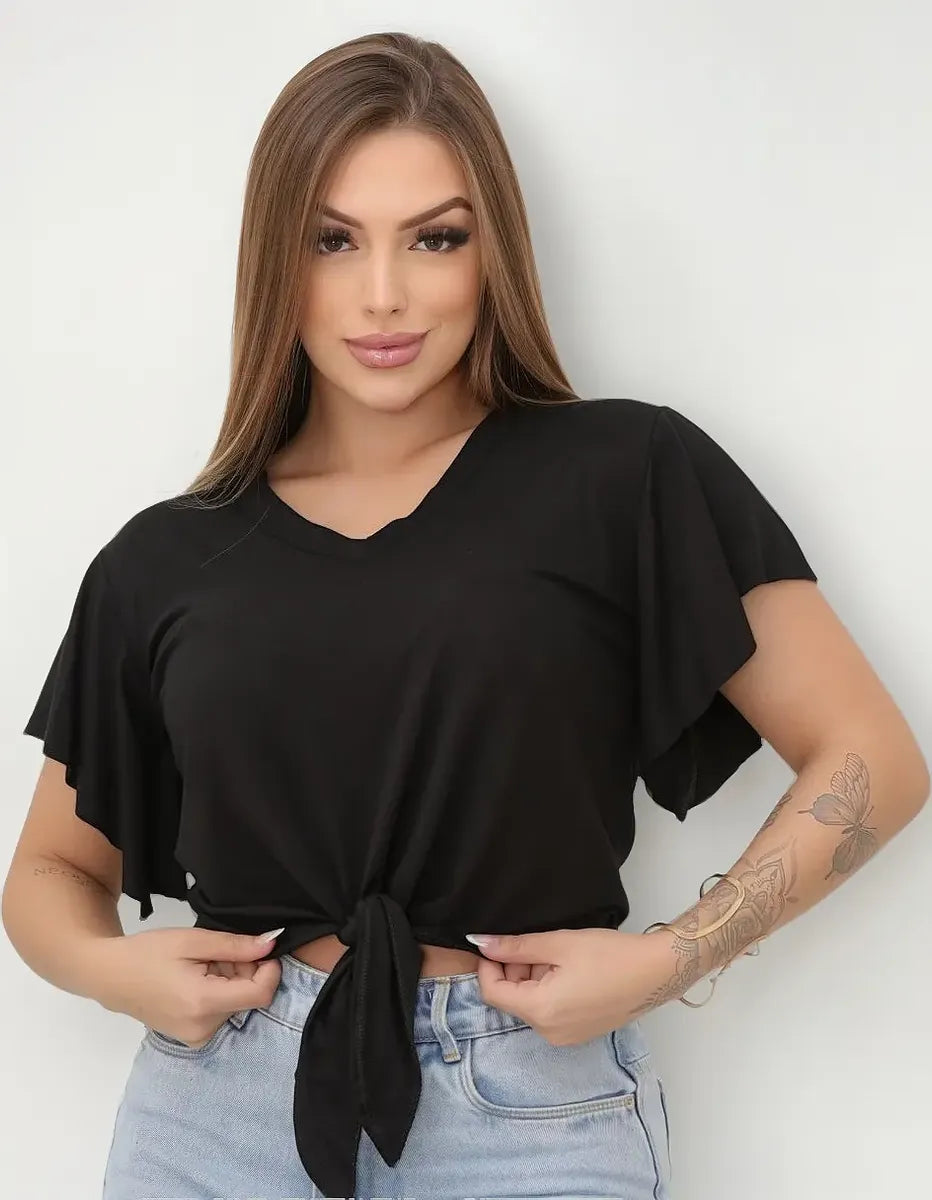Blusa Manga Curta De Amarrar Lisa Blusinha Basica Feminina