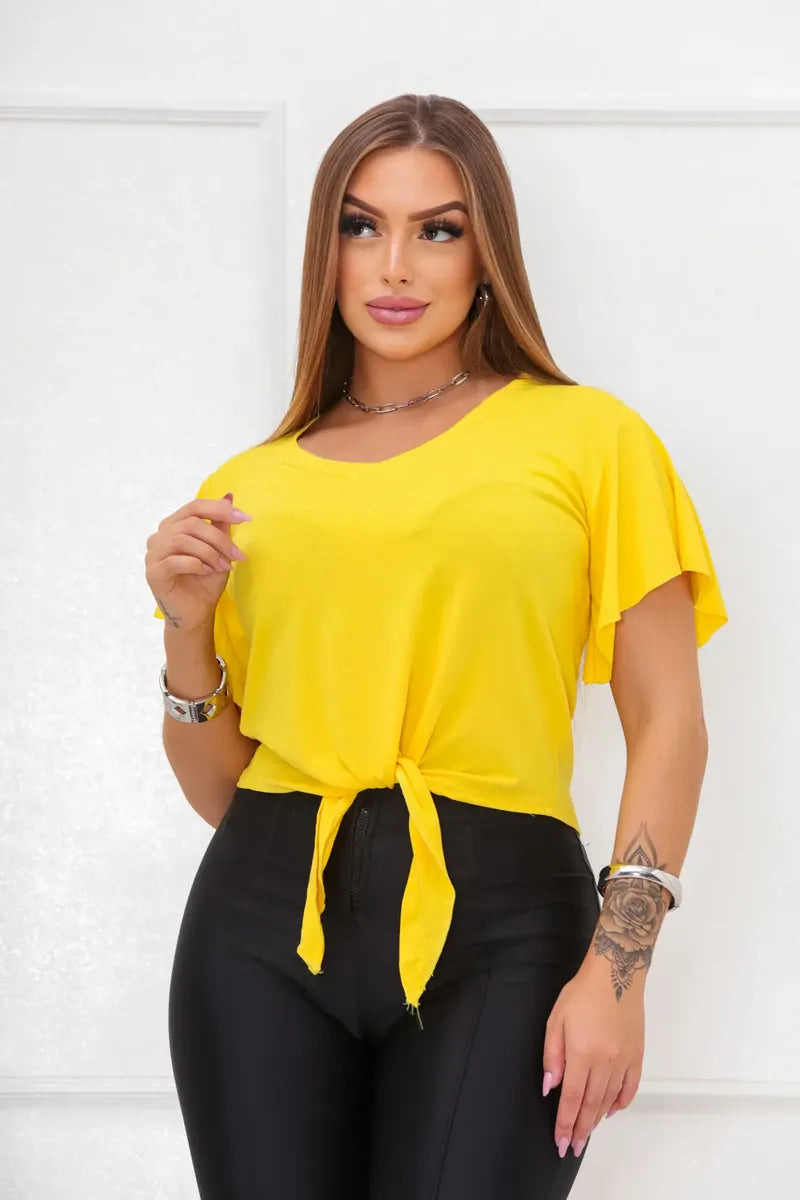 Blusa Manga Curta De Amarrar Lisa Blusinha Basica Feminina