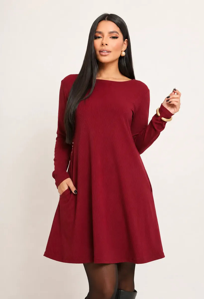 Vestido Ribana Curto Feminino Manga Longa Com Bolsos