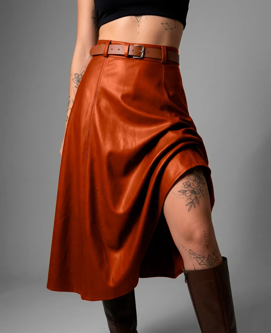 Saia De Couro Feminino Gode Longa Cintura Alta