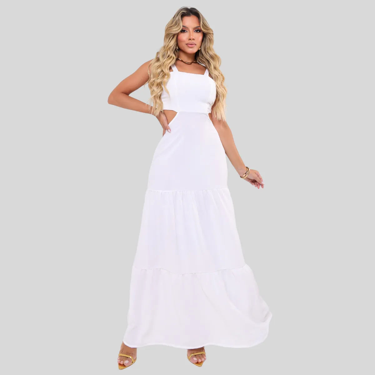 Vestido Longo Com Alças E Detalhe Nas Costas Moda Blogueira