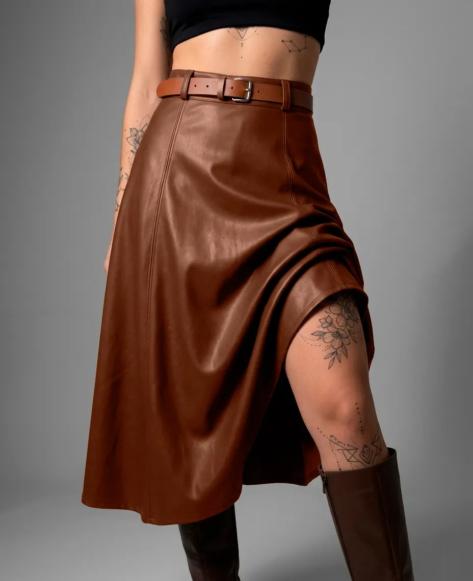 Saia De Couro Feminino Gode Longa Cintura Alta
