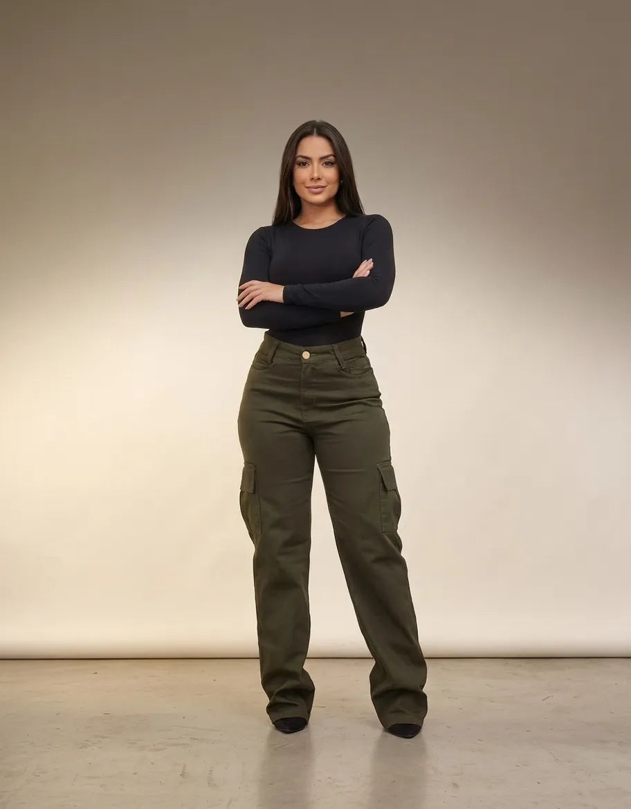 Calça Cargo Feminina Wide Leg Cintura Alta Jeans Stillger
