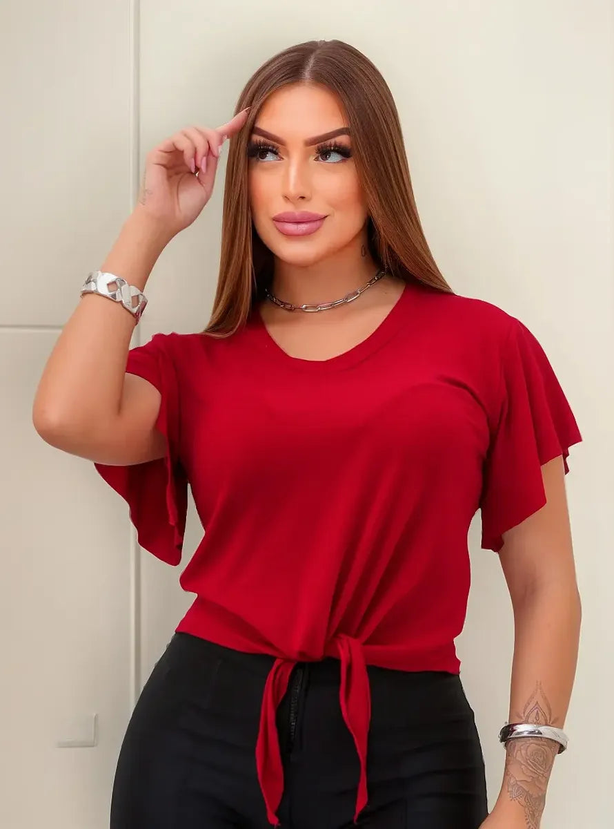 Blusa Manga Curta De Amarrar Lisa Blusinha Basica Feminina