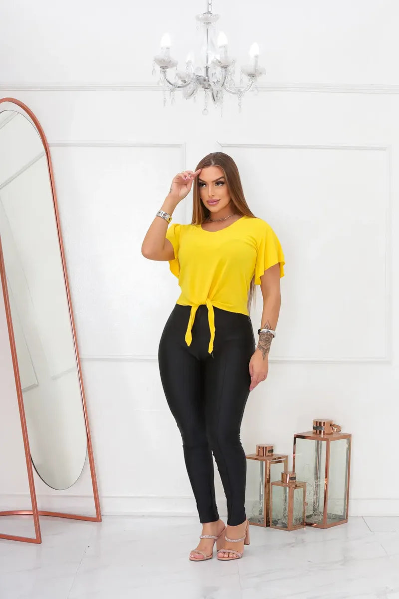 Blusa Manga Curta De Amarrar Lisa Blusinha Basica Feminina