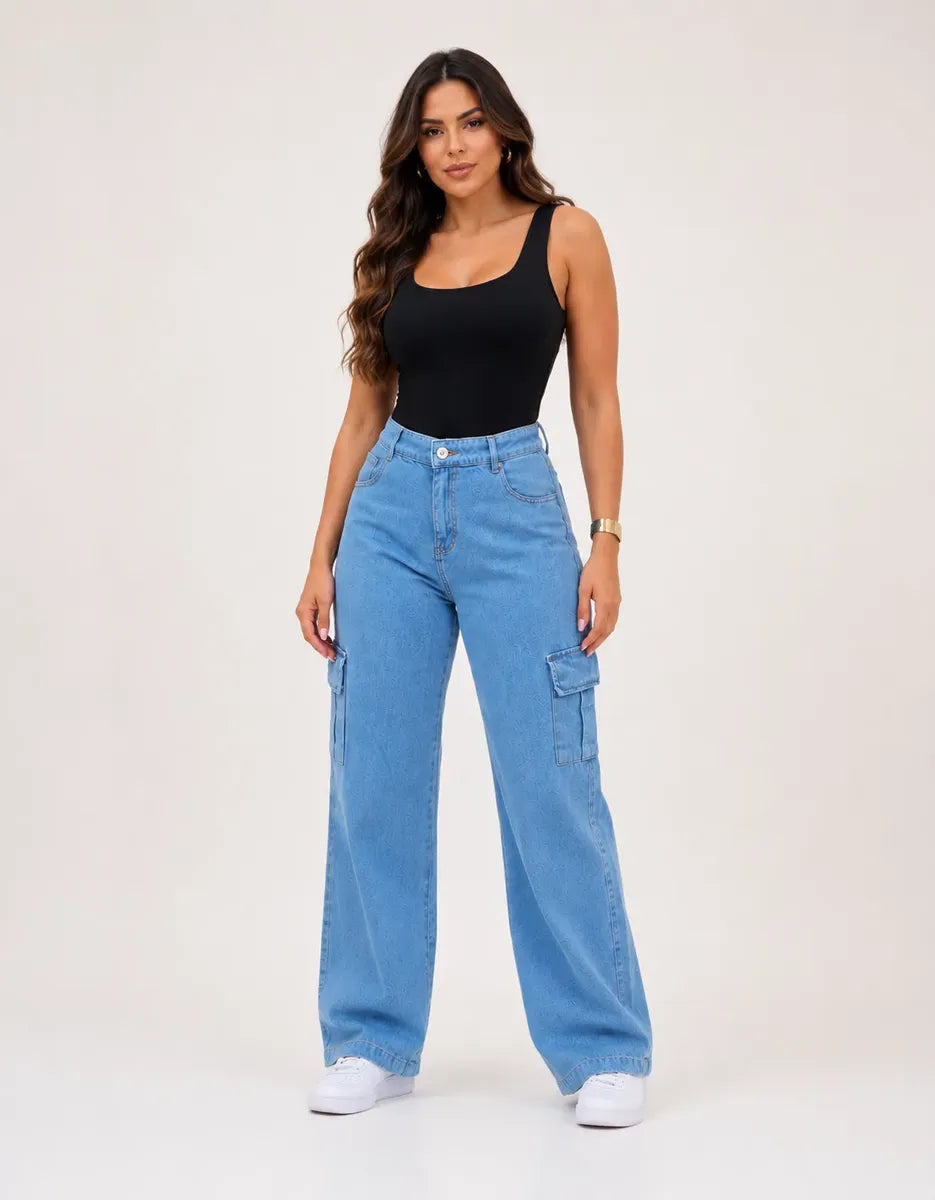 Calça Cargo Feminina Wide Leg Cintura Alta Jeans Stillger