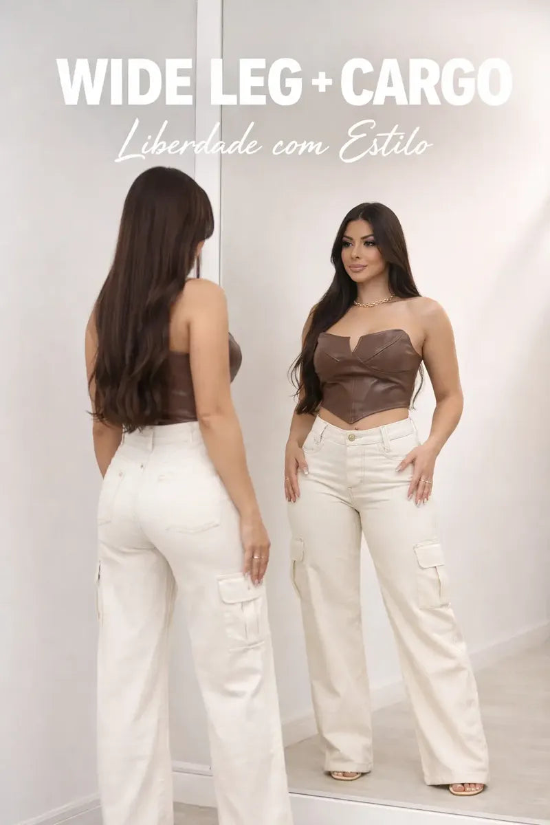 Calça Cargo Feminina Wide Leg Cintura Alta Jeans Stillger