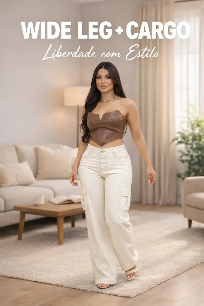 Calça Cargo Feminina Wide Leg Cintura Alta Jeans Stillger