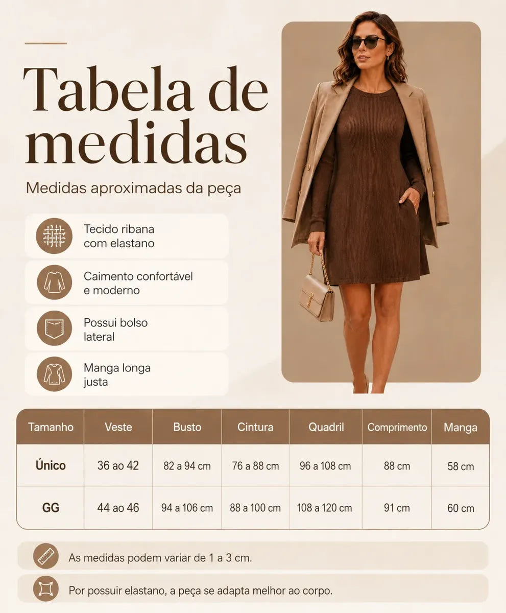Vestido Ribana Curto Feminino Manga Longa Com Bolsos