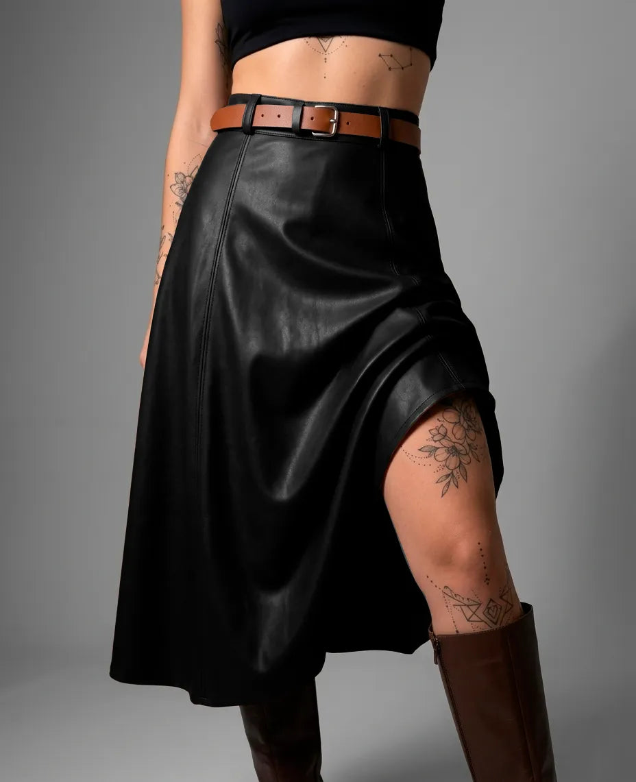 Saia De Couro Feminino Gode Longa Cintura Alta