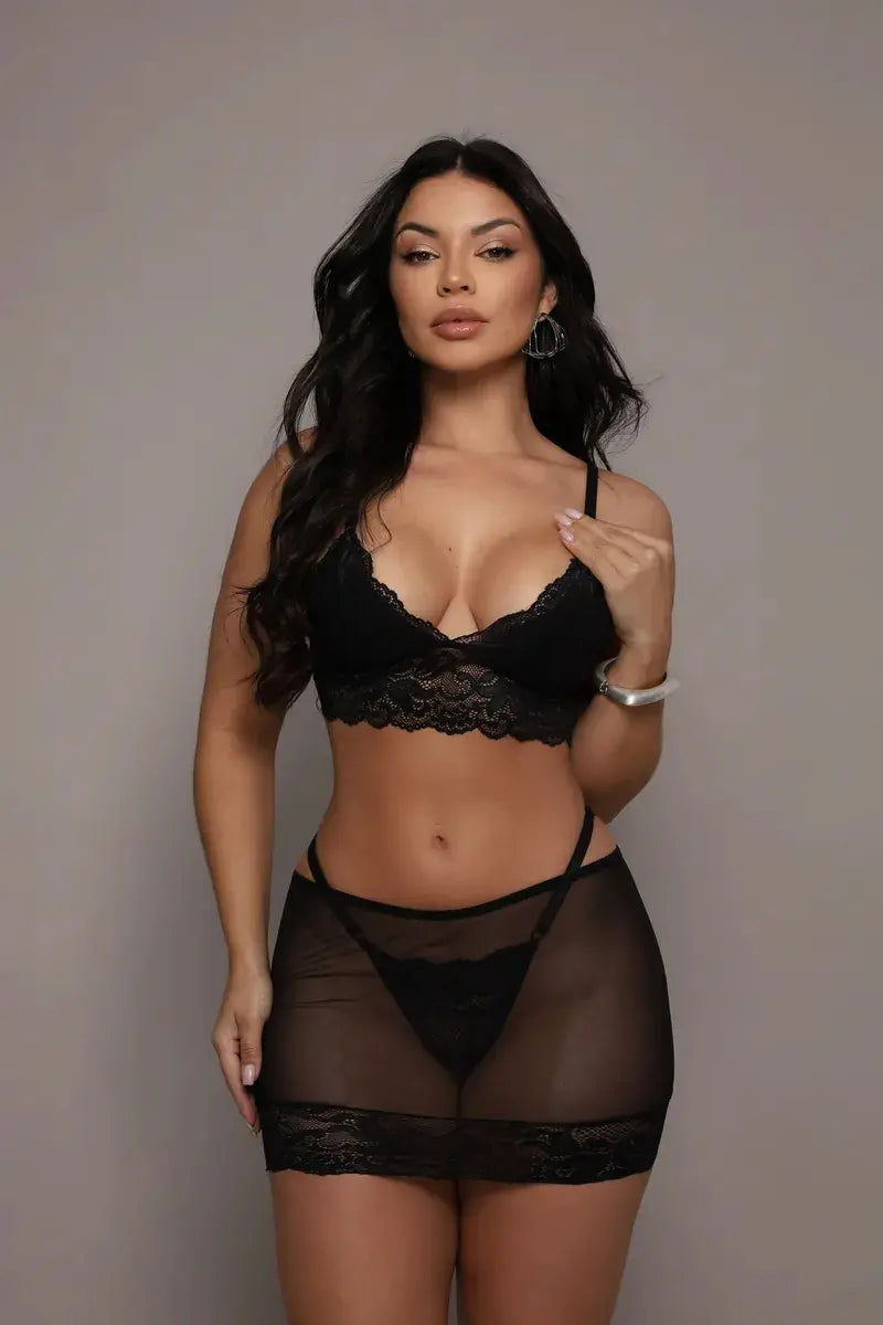 Lingerie Sexys Renda Conjunto Com Saia Transparente
