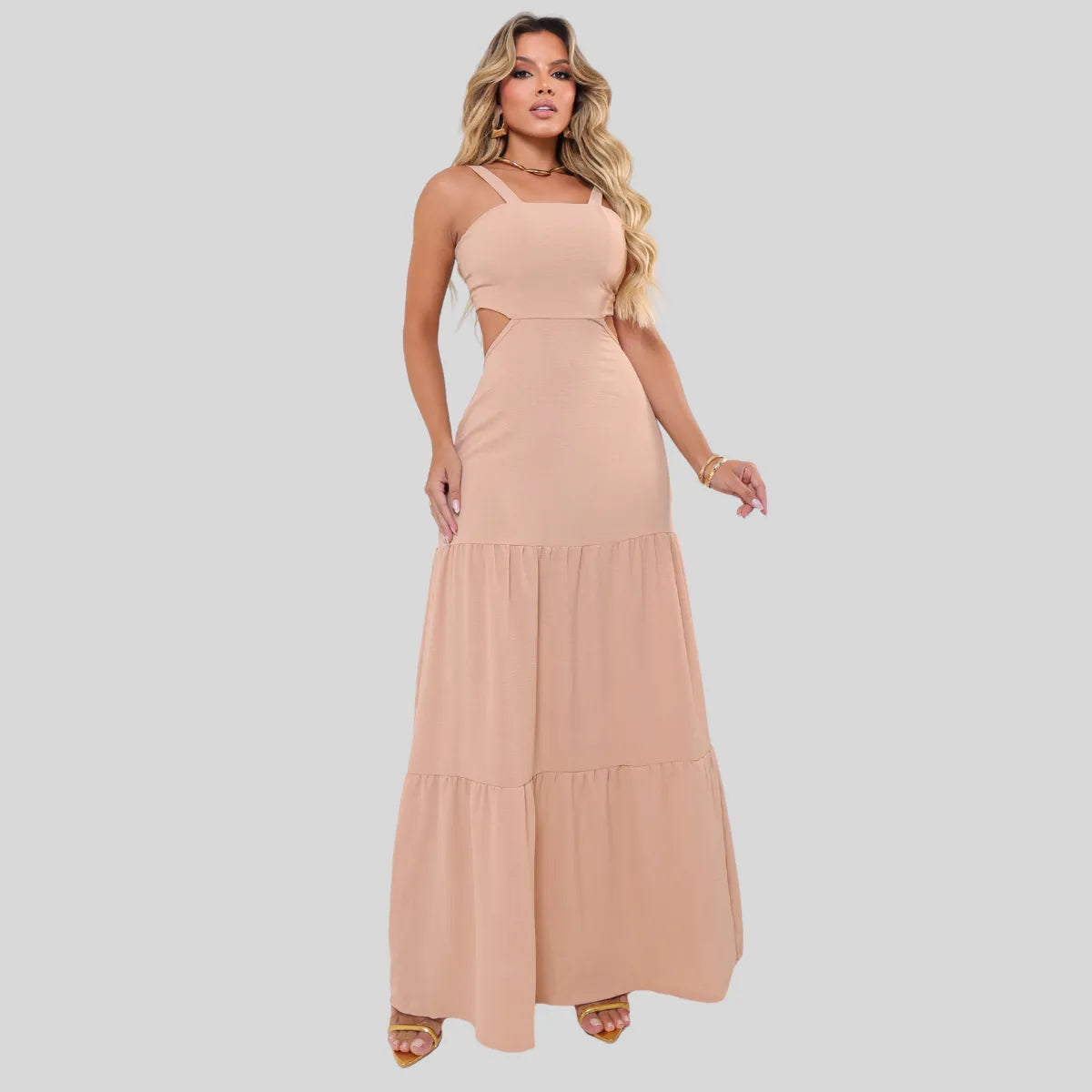 Vestido Longo Com Alças E Detalhe Nas Costas Moda Blogueira
