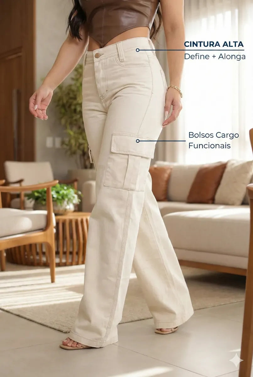 Calça Cargo Feminina Wide Leg Cintura Alta Jeans Stillger