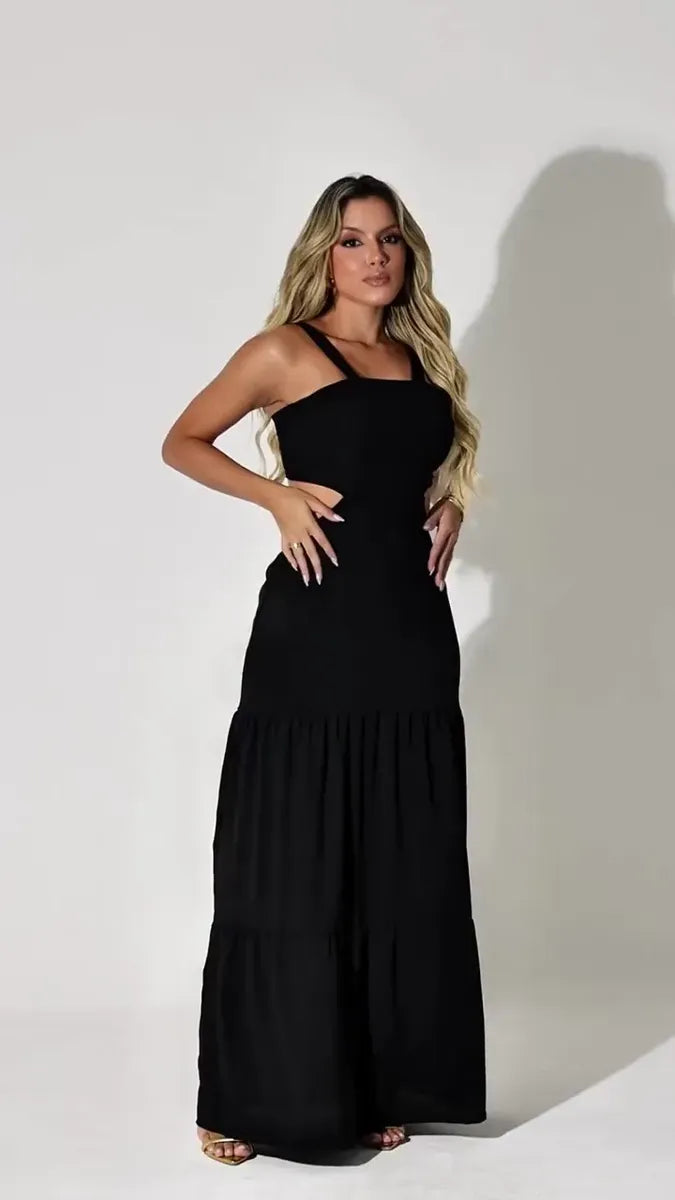 Vestido Longo Com Alças E Detalhe Nas Costas Moda Blogueira