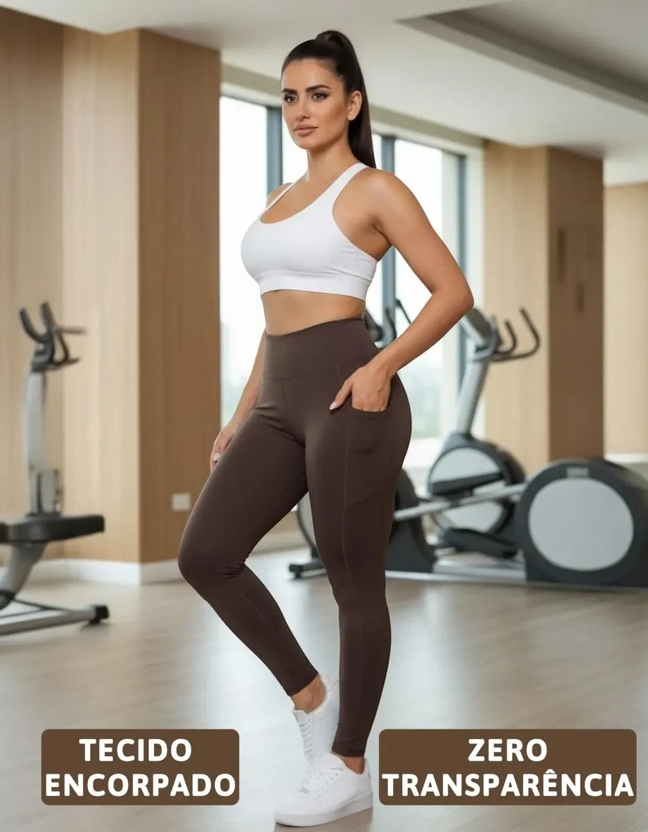 Legging Feminina Bolsos Zero Transparência Cintura Alta