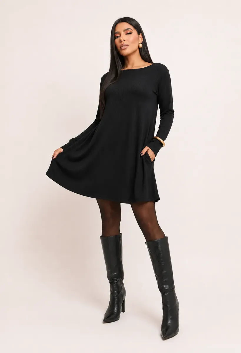 Vestido Ribana Curto Feminino Manga Longa Com Bolsos