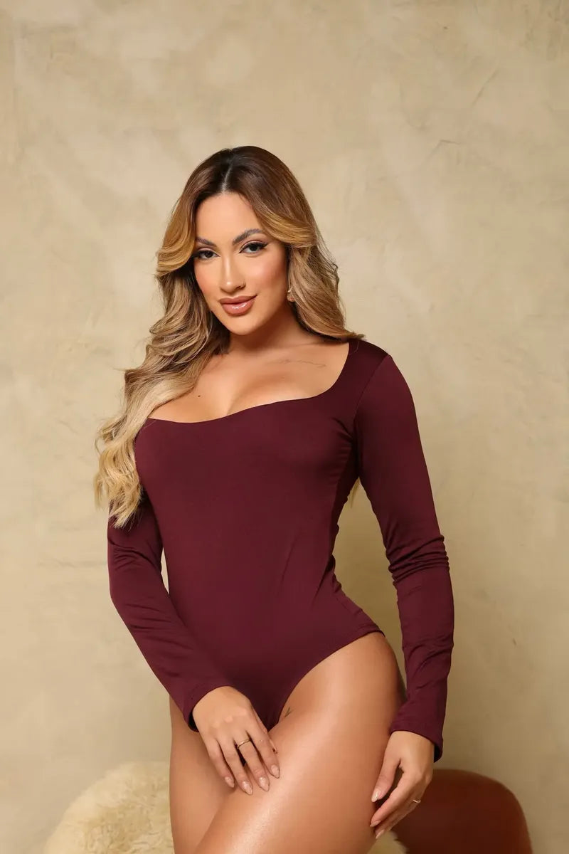 Body Feminino Decote Quadrado Manga Longa Inverno