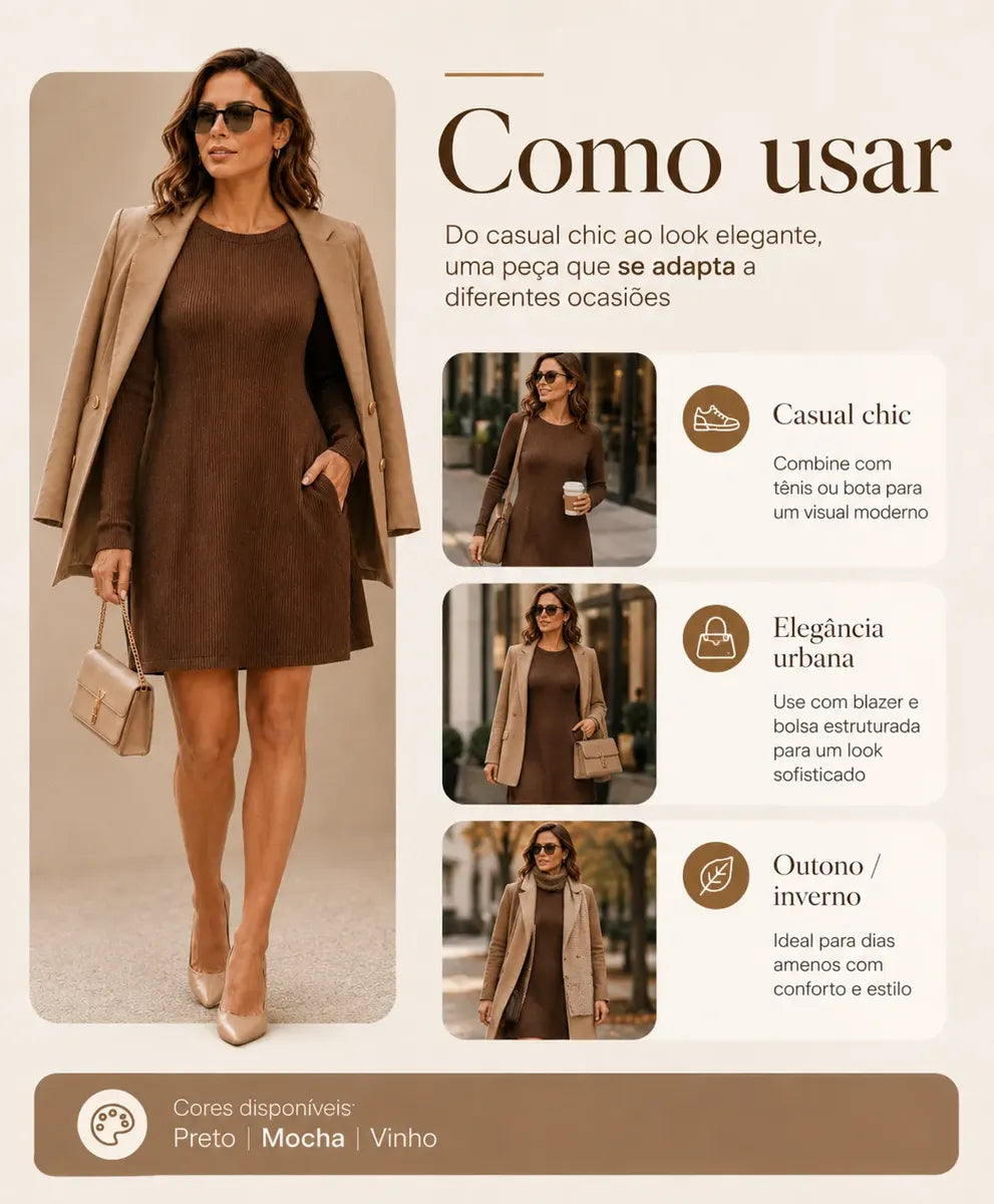 Vestido Ribana Curto Feminino Manga Longa Com Bolsos