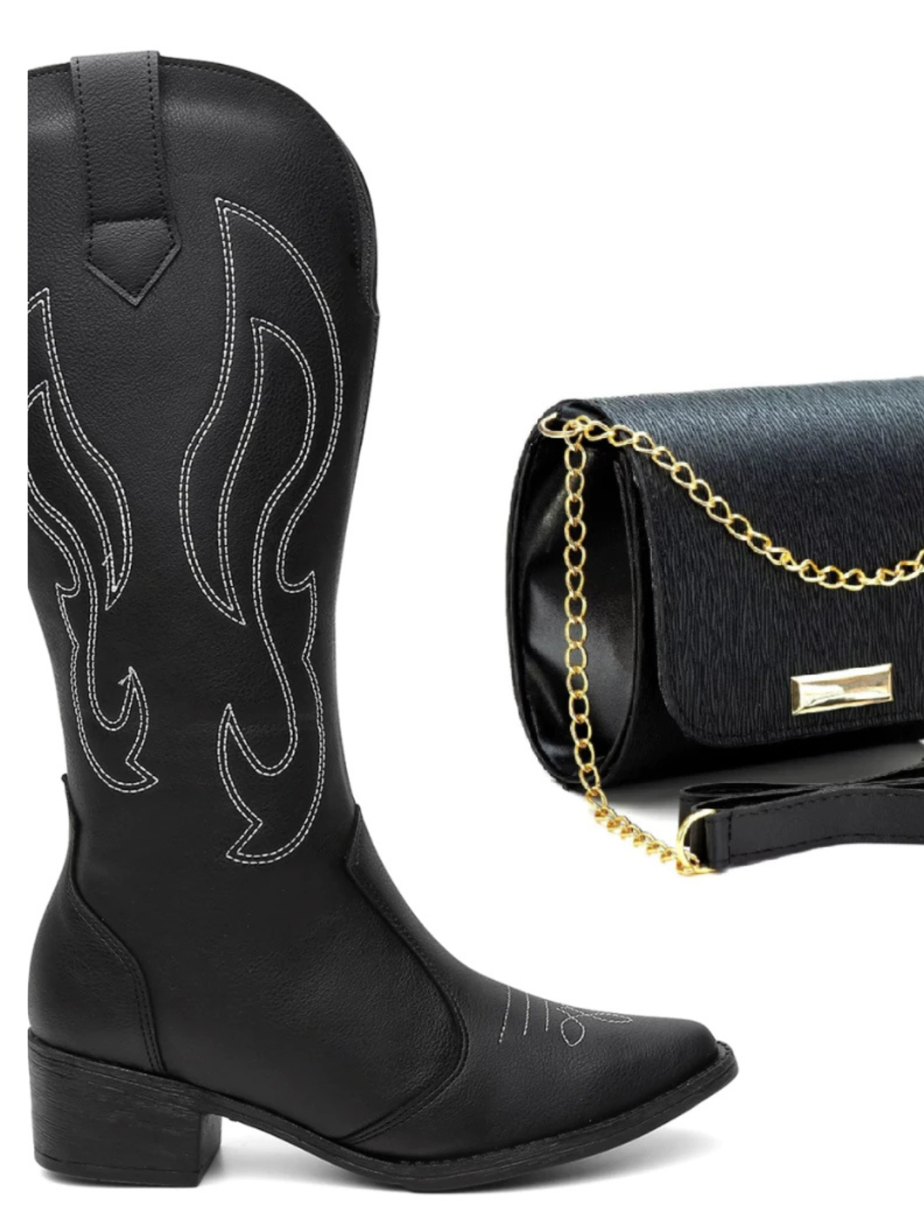 Kit Bota Feminina Texana Bordado Cano Alto + Bolsa Transversal