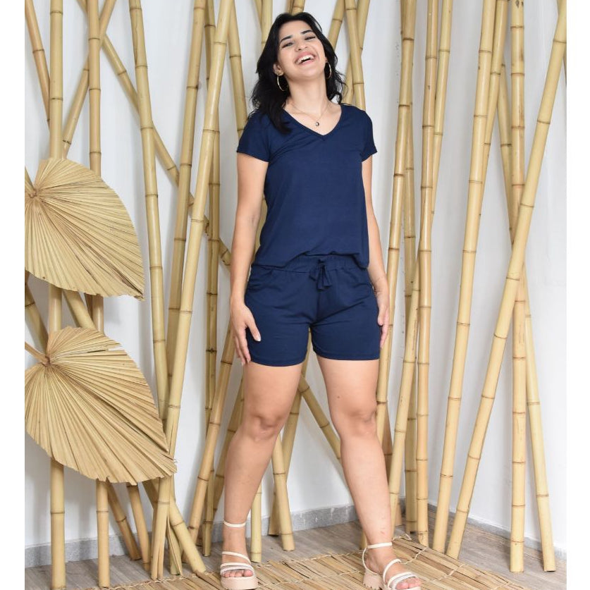 Conjunto Verão Short Cintura Média e Blusa Gola V Básica