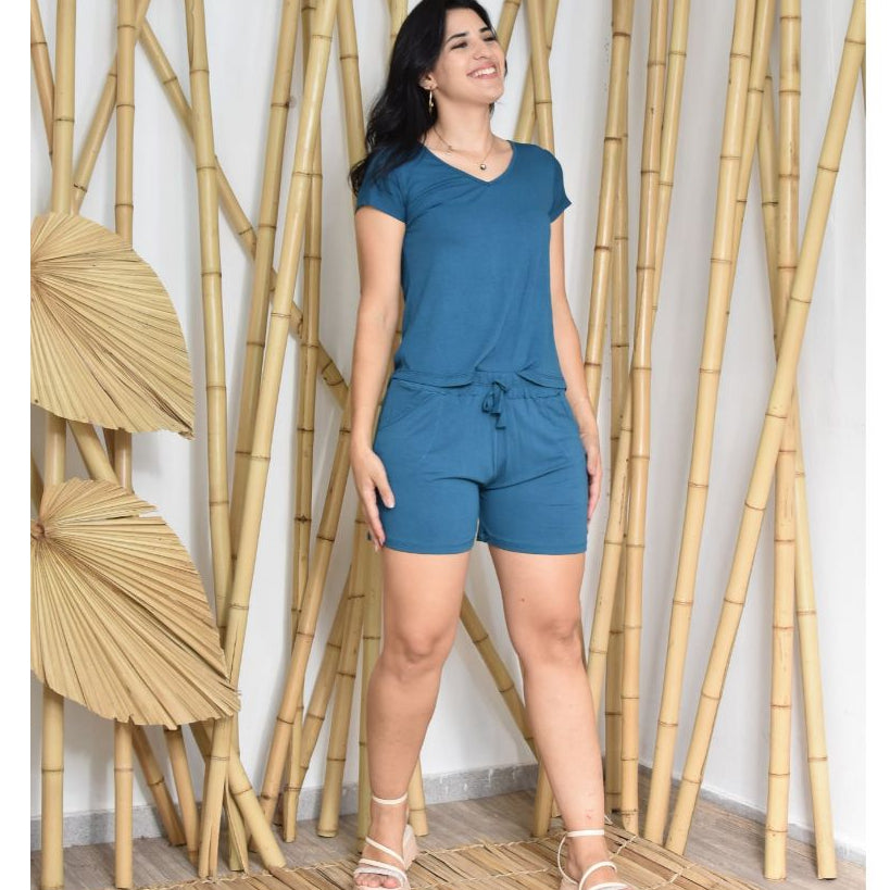 Conjunto Verão Short Cintura Média e Blusa Gola V Básica