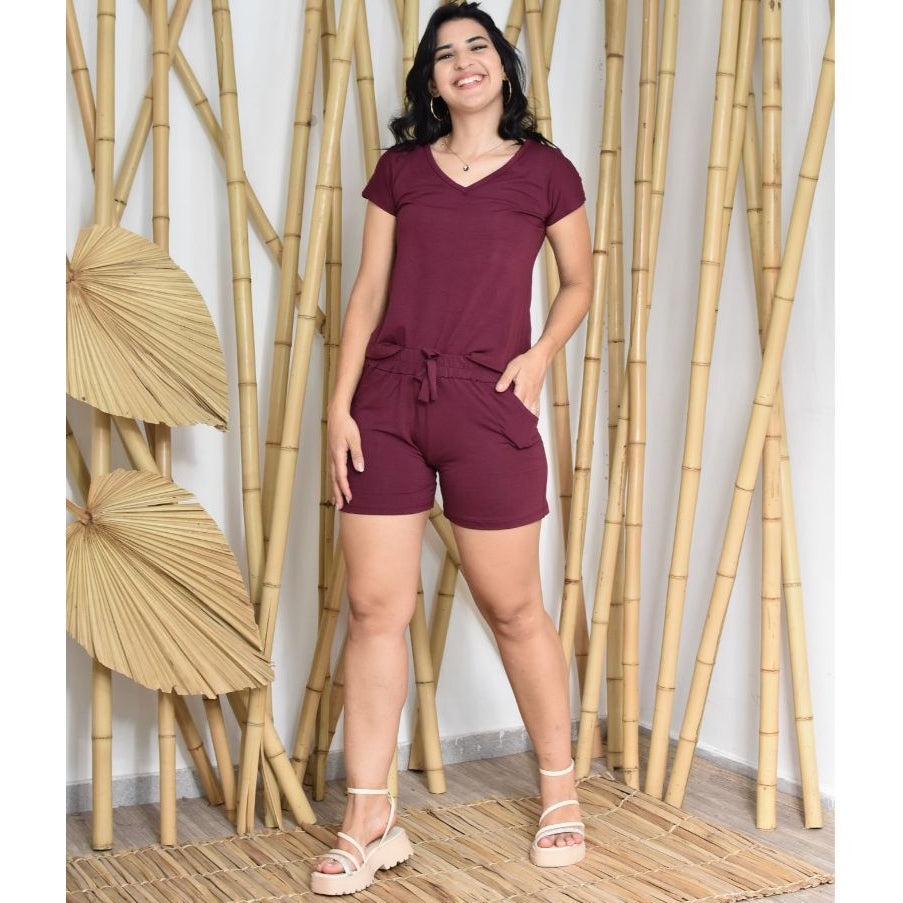Conjunto Verão Short Cintura Média e Blusa Gola V Básica