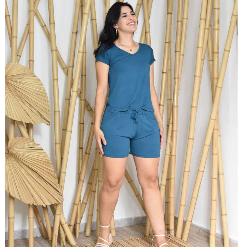 Conjunto Verão Short Cintura Média e Blusa Gola V Básica