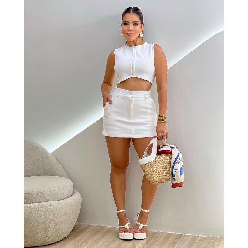 Conjunto Crepe de Alfaiataria com Short Saia e Croped Zíper