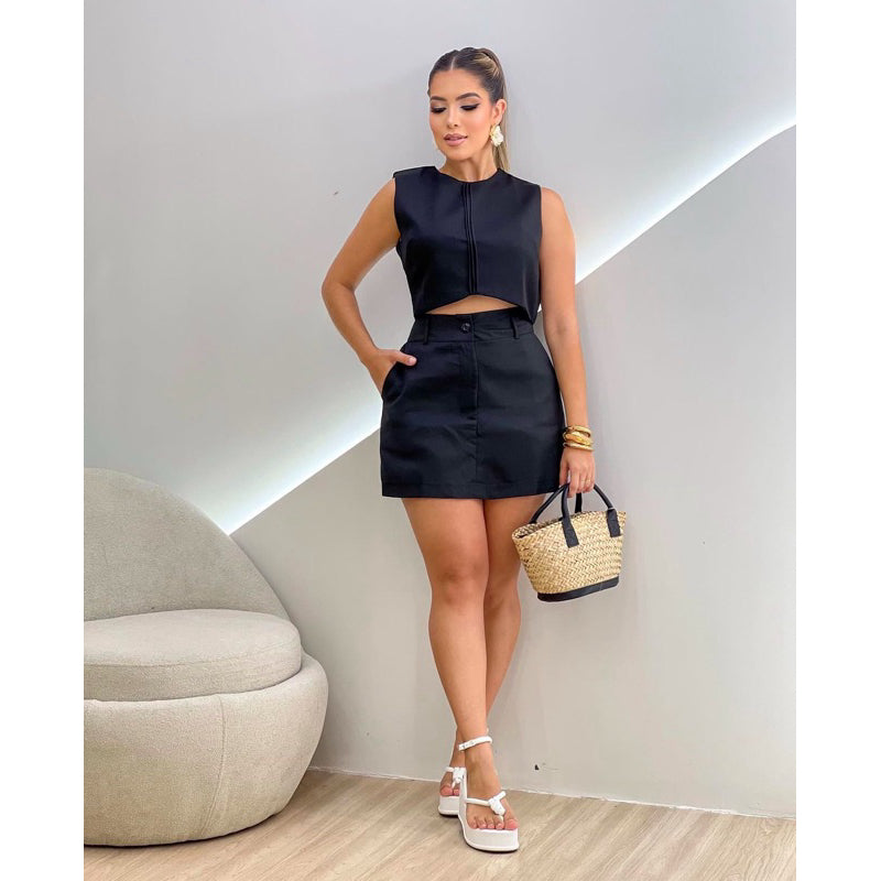 Conjunto Crepe de Alfaiataria com Short Saia e Croped Zíper