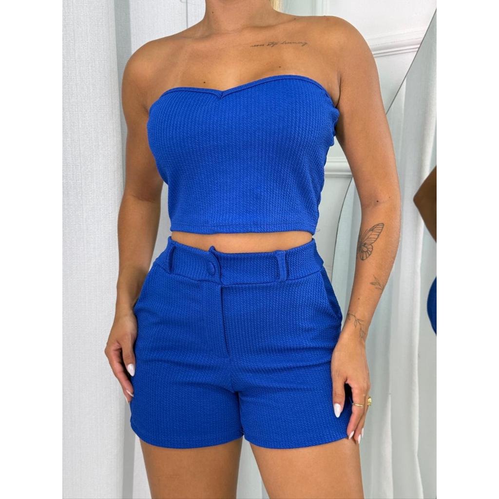 Conjunto Coração Cropped Tomara que Caia e Short Curto com Bolso e Fecho Botão Tecido Ribanna Casual Festas