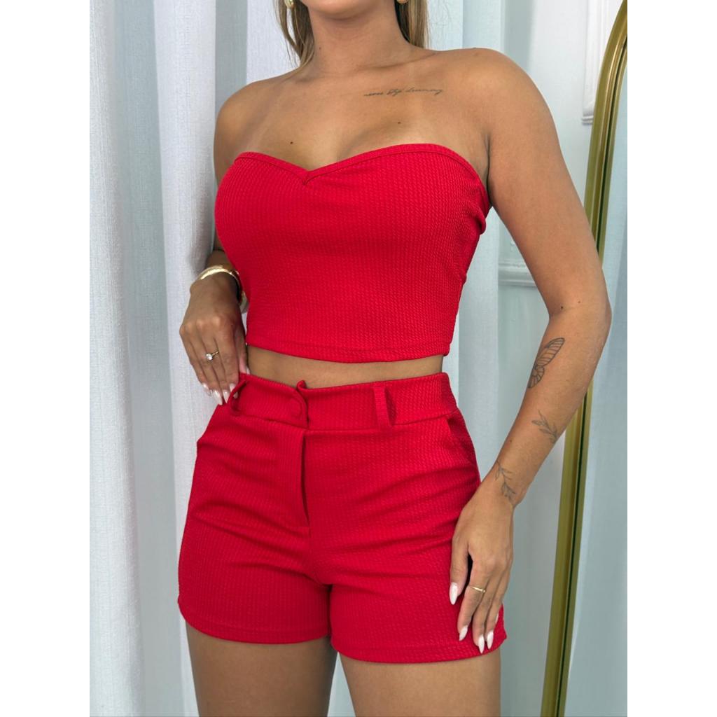 Conjunto Coração Cropped Tomara que Caia e Short Curto com Bolso e Fecho Botão Tecido Ribanna Casual Festas