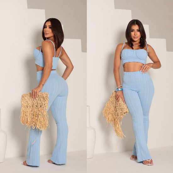 Conjunto feminino pantalona e top-Tecido Ribana Prime.