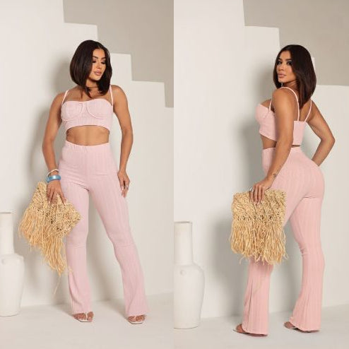 Conjunto feminino pantalona e top-Tecido Ribana Prime.
