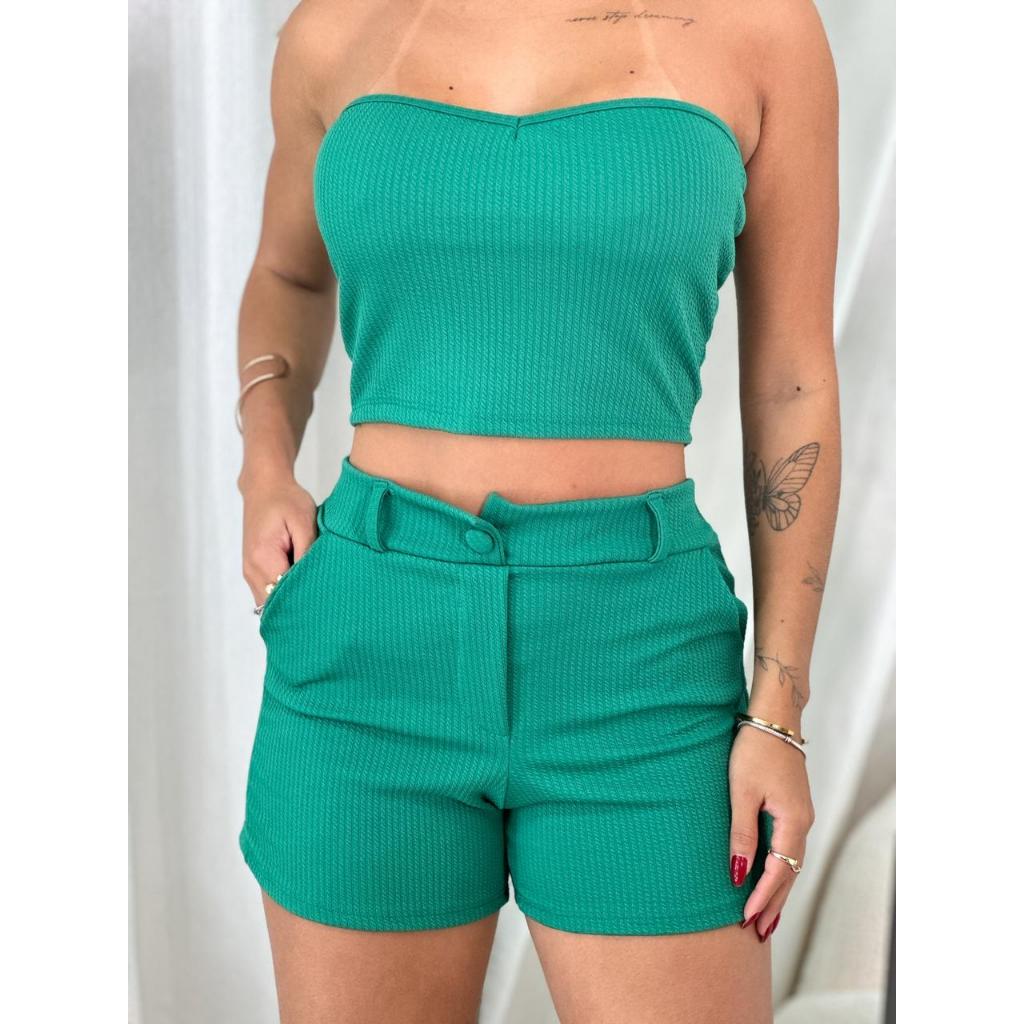 Conjunto Coração Cropped Tomara que Caia e Short Curto com Bolso e Fecho Botão Tecido Ribanna Casual Festas