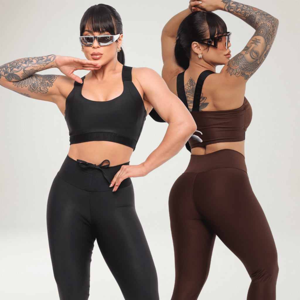Kit 2 Looks Academia Feminino Calça Legging Power Treino Alta Compressão Elástico Top Bojo