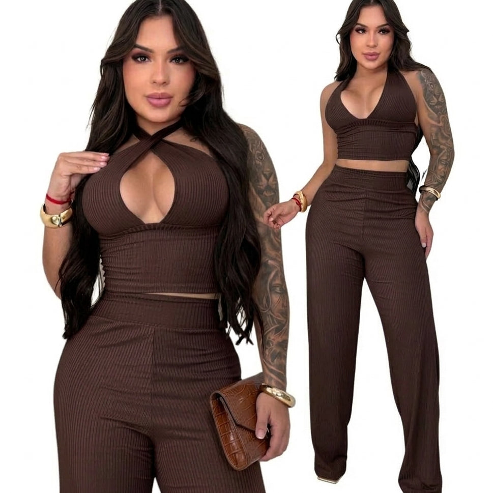 Conjunto Feminino Calça Pantalona Wide Leg + Top Cropped Amarração