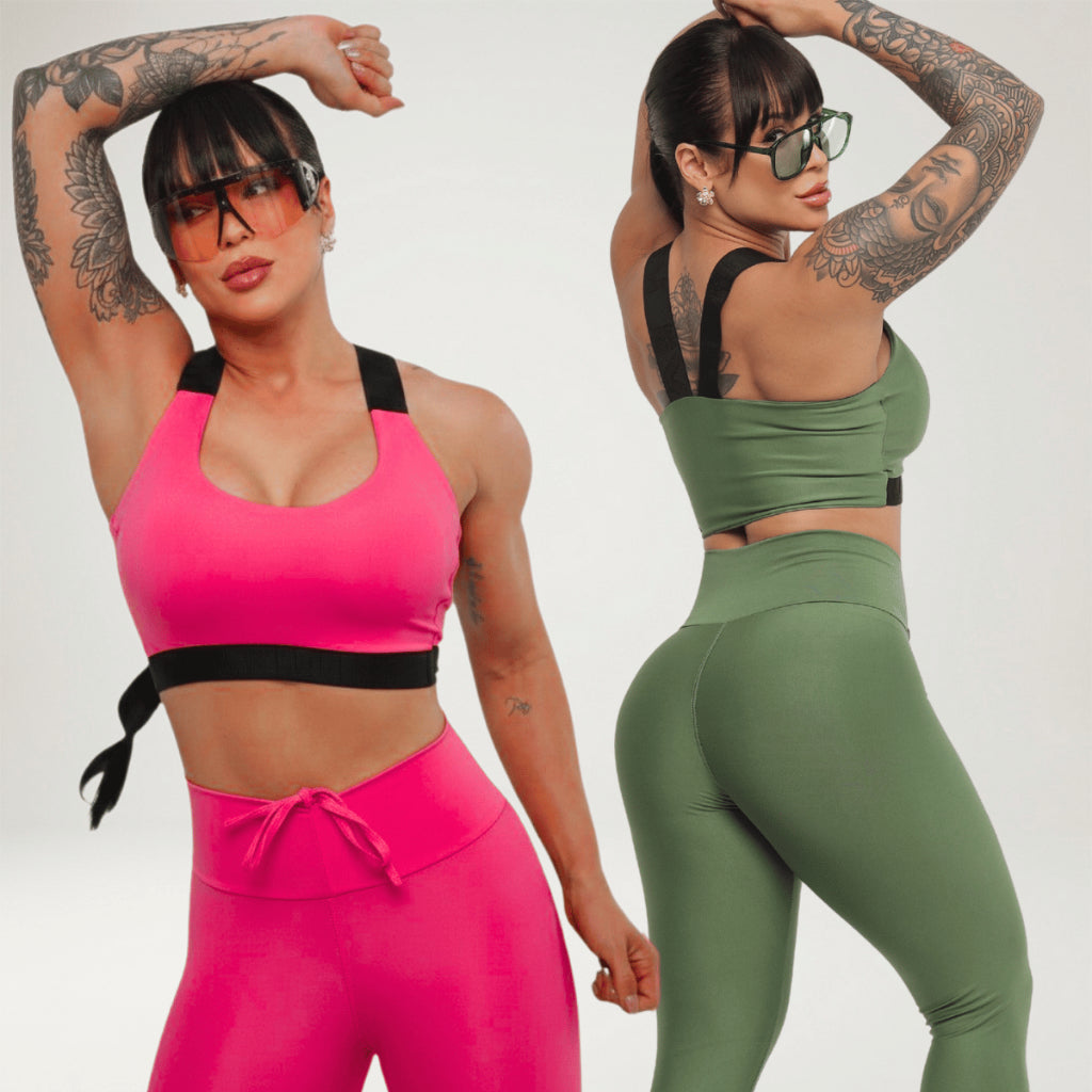 Kit 2 Looks Academia Feminino Calça Legging Power Treino Alta Compressão Elástico Top Bojo