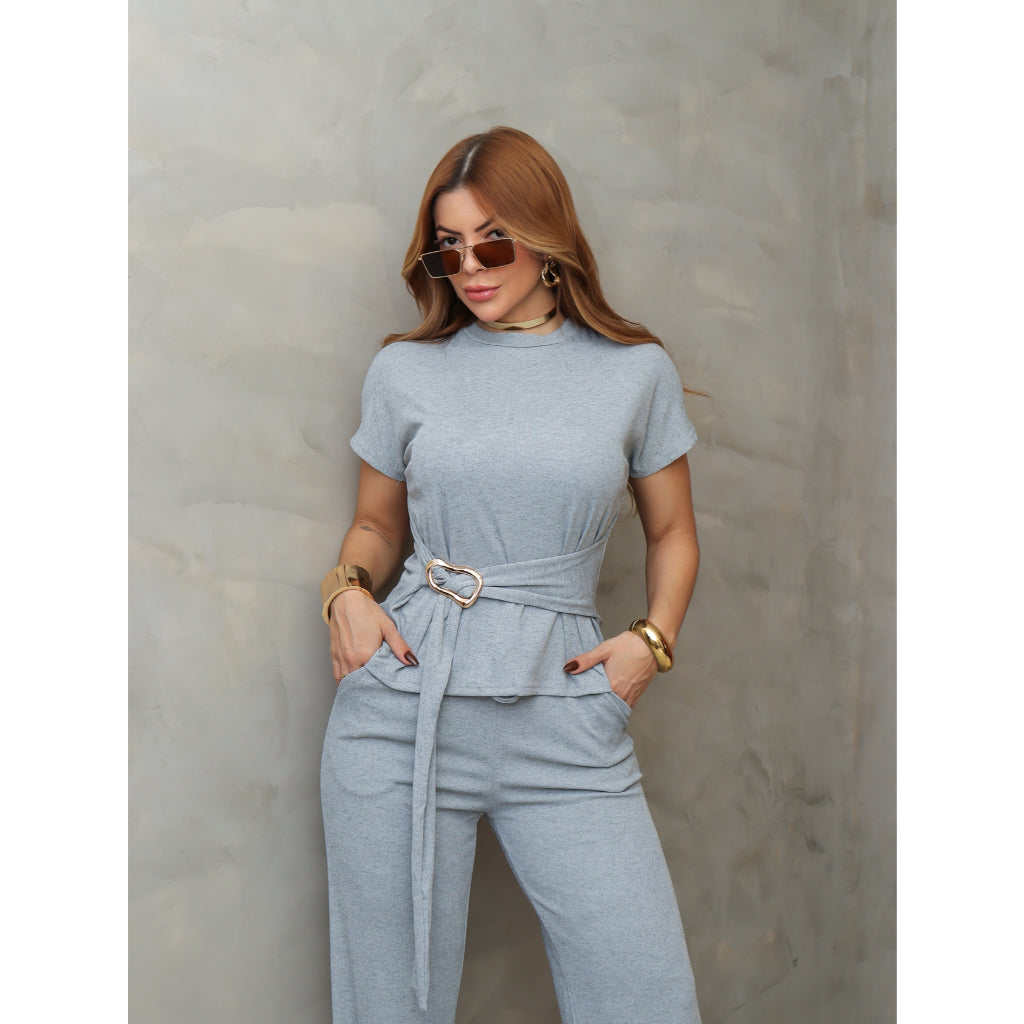 Conjunto Feminino Blusa Manga Curta com Cinto e Calça Pantalona Malha Elegante