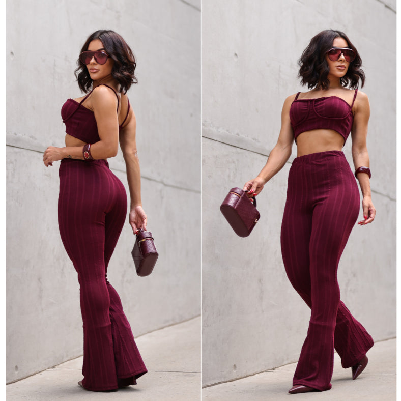 Conjunto feminino pantalona e top-Tecido Ribana Prime.