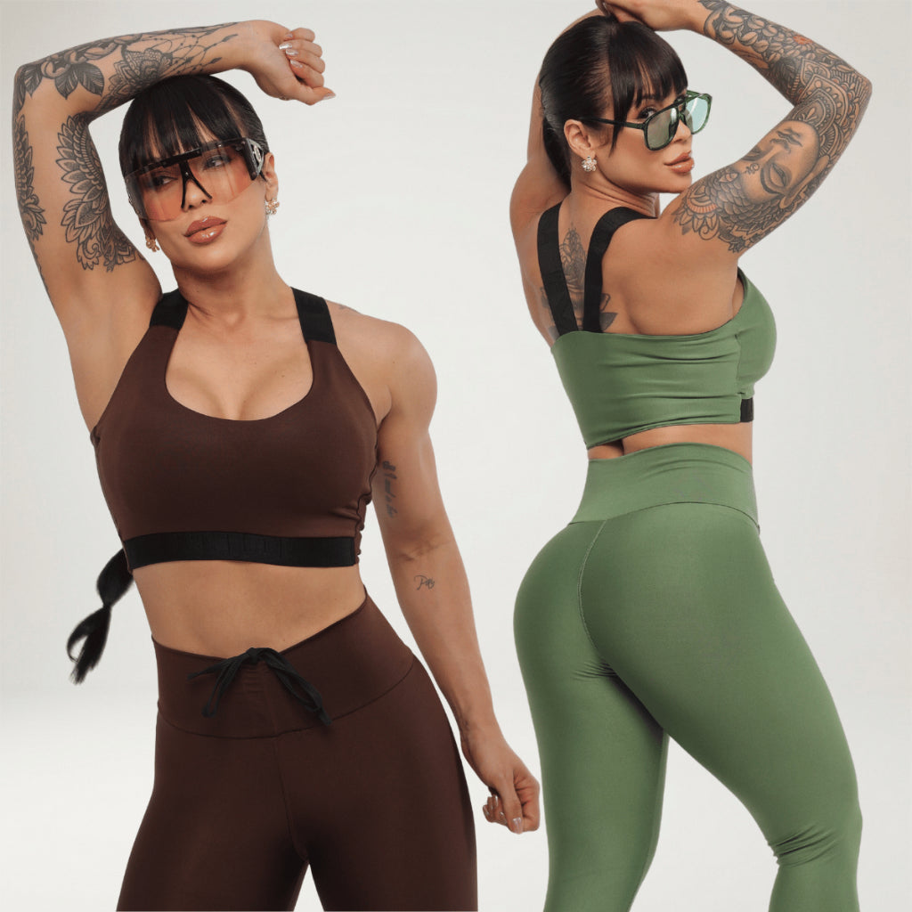 Kit 2 Looks Academia Feminino Calça Legging Power Treino Alta Compressão Elástico Top Bojo