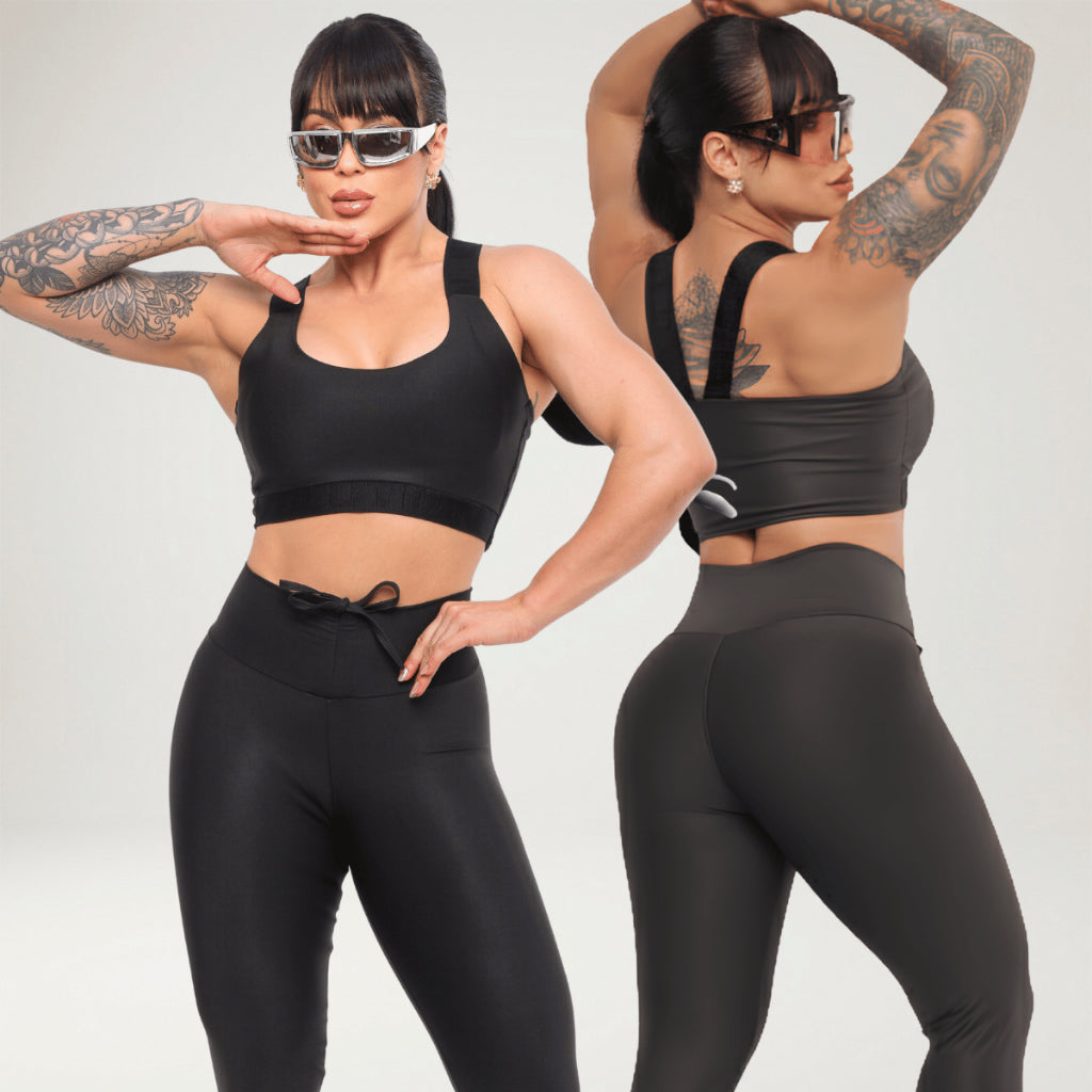 Kit 2 Looks Academia Feminino Calça Legging Power Treino Alta Compressão Elástico Top Bojo