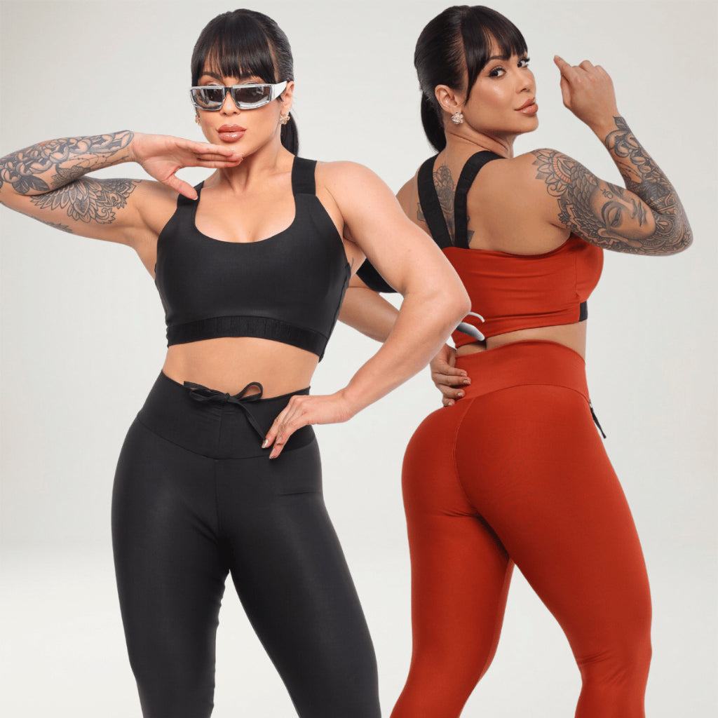 Kit 2 Looks Academia Feminino Calça Legging Power Treino Alta Compressão Elástico Top Bojo