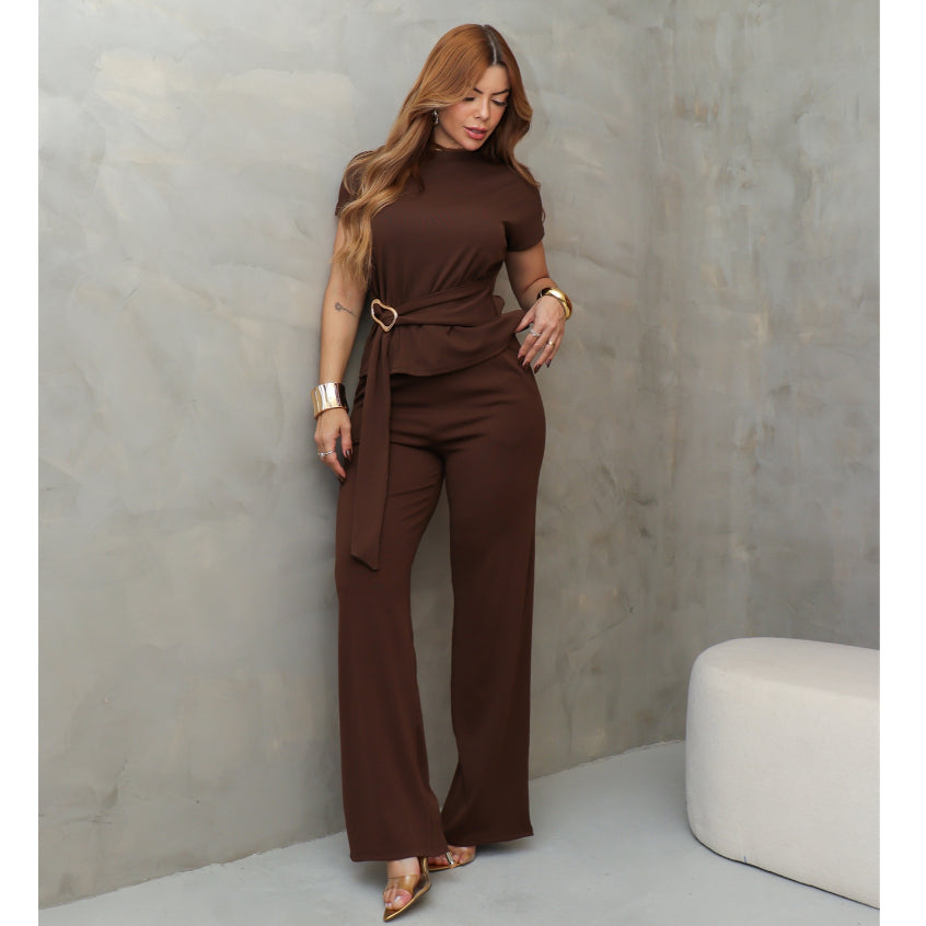 Conjunto Feminino Blusa Manga Curta com Cinto e Calça Pantalona Malha Elegante