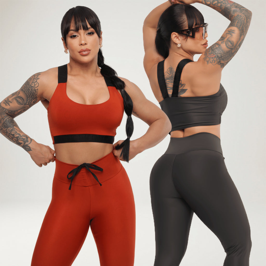 Kit 2 Looks Academia Feminino Calça Legging Power Treino Alta Compressão Elástico Top Bojo