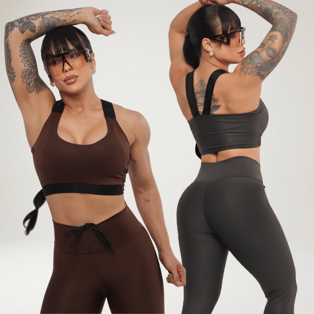Kit 2 Looks Academia Feminino Calça Legging Power Treino Alta Compressão Elástico Top Bojo