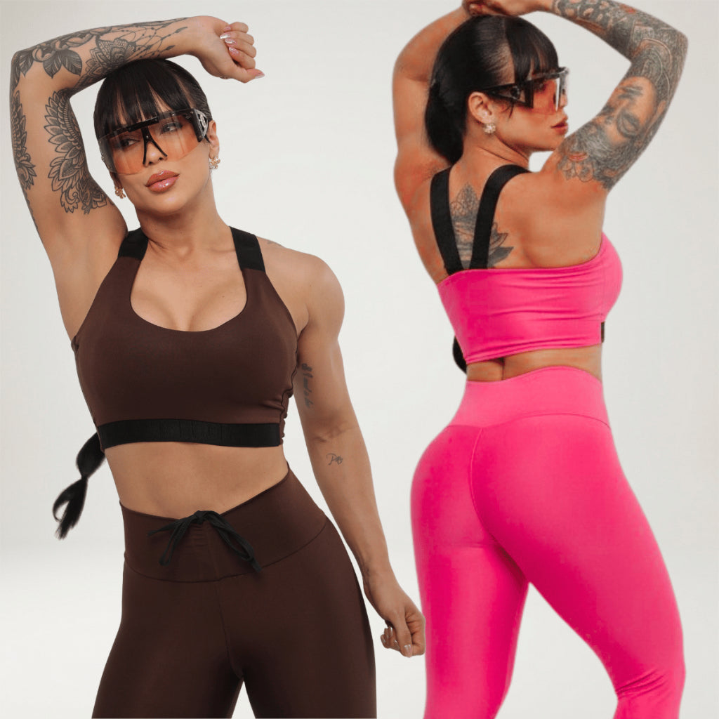 Kit 2 Looks Academia Feminino Calça Legging Power Treino Alta Compressão Elástico Top Bojo