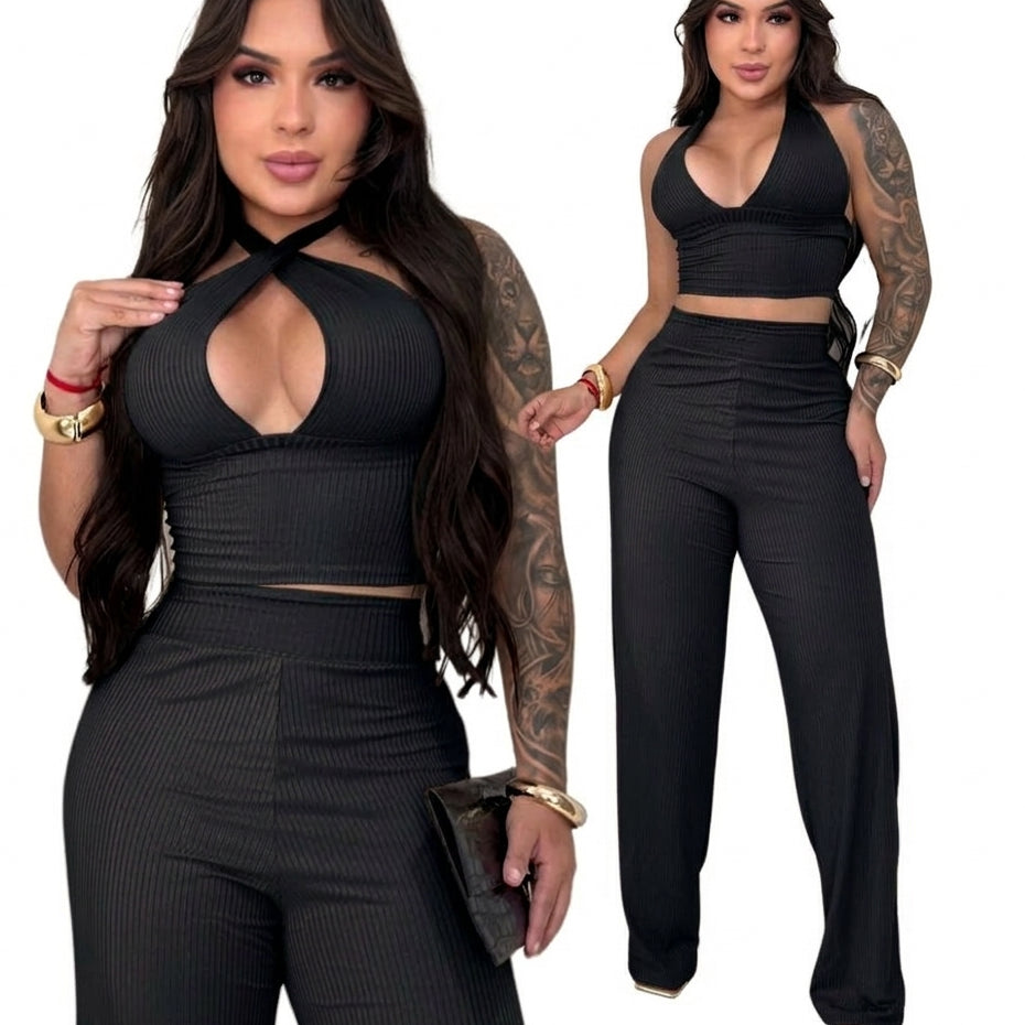 Conjunto Feminino Calça Pantalona Wide Leg + Top Cropped Amarração
